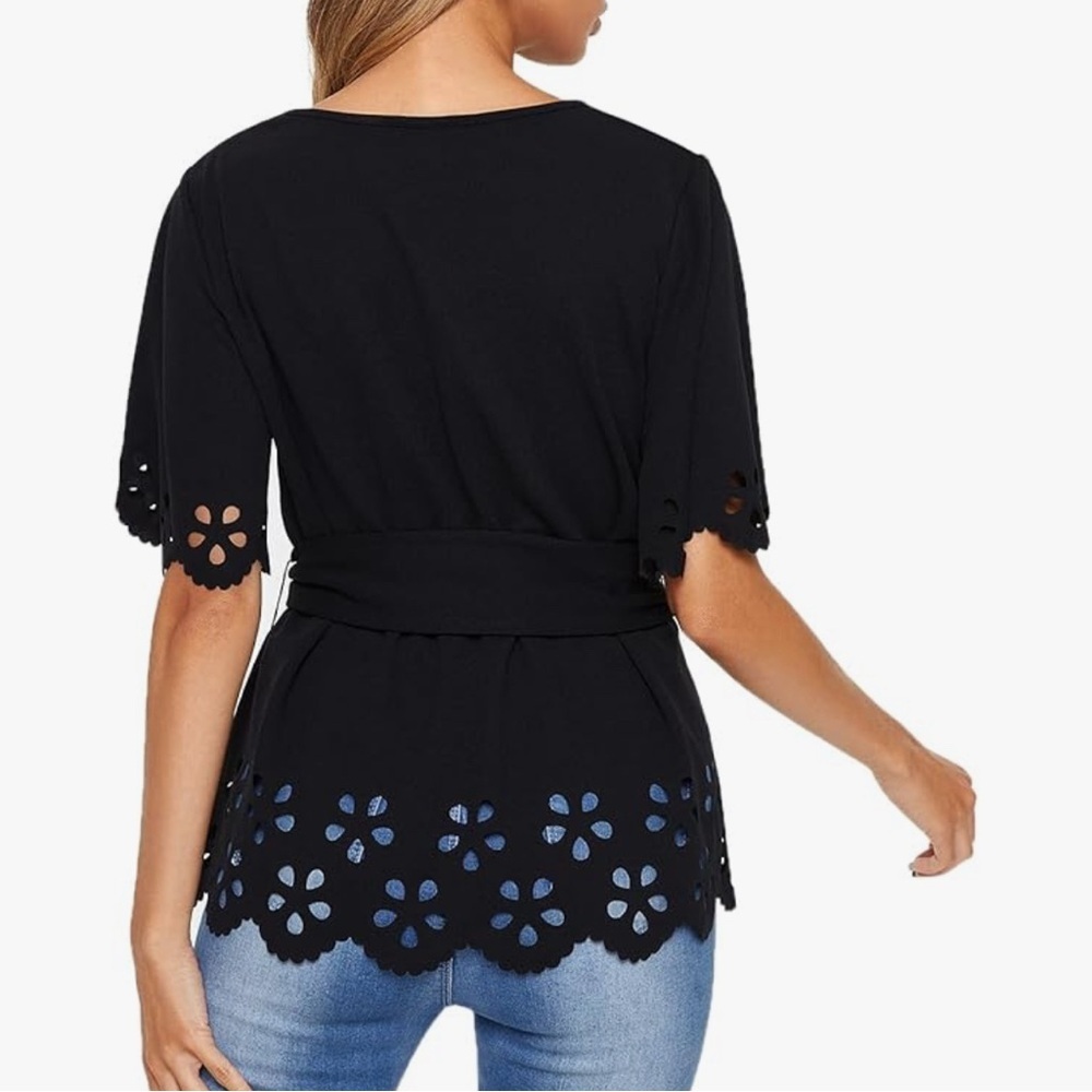 Black Laser Cut Tie Waist Peplum Blouse XXL Bohemian Feminine Romantic - Picture 3 of 13